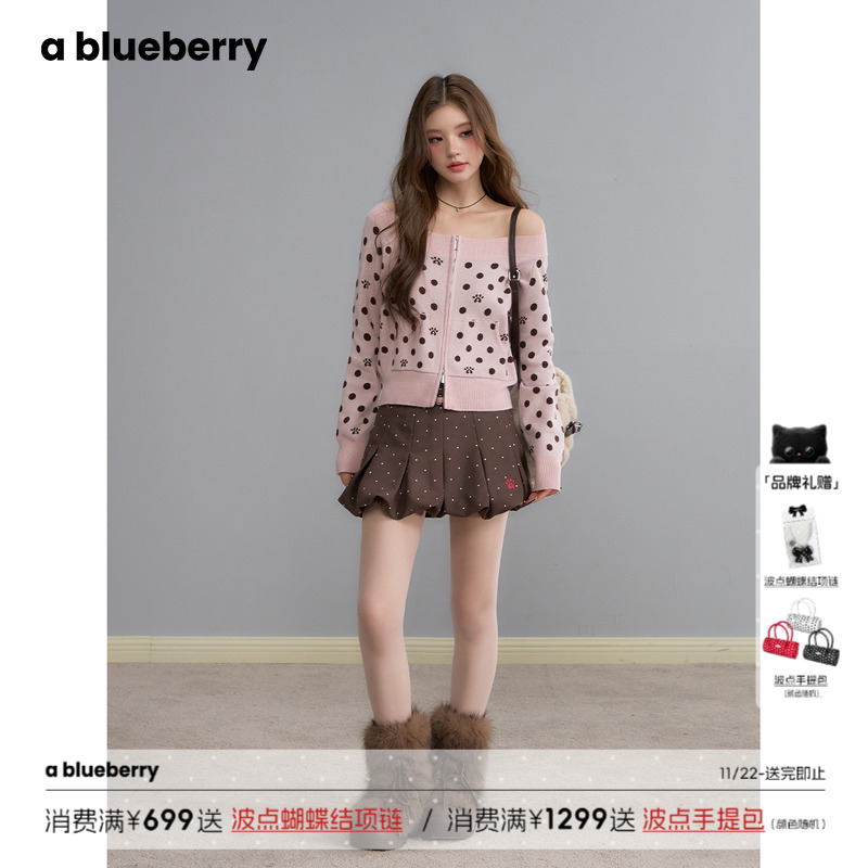 ablueberry波点一字肩毛衣开衫女