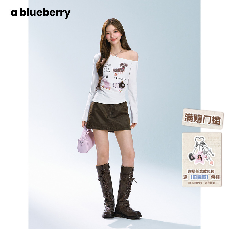 康宁同款ablueberry 猫狗斜肩T恤女长袖收腰韩系甜辣印花上衣