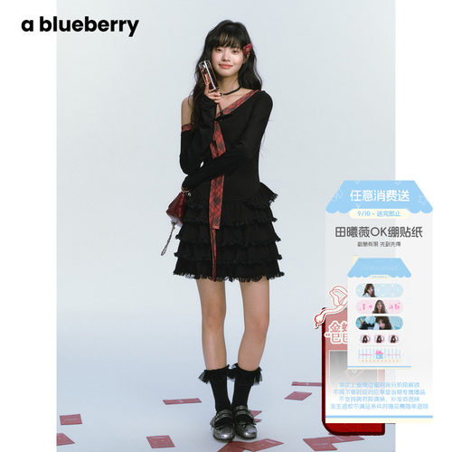 ablueberry 系带辣妹短款蓬蓬裙春季斜肩设计感连衣裙女