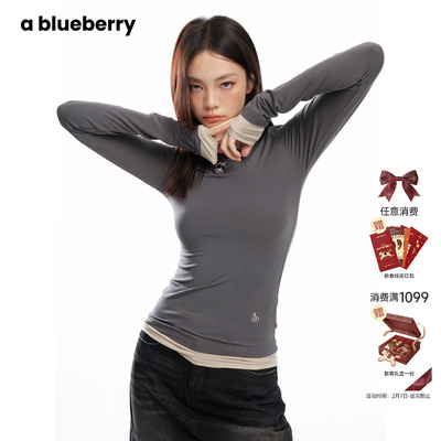 ablueberry 拼接假两件简约长袖T恤女秋季新款高级感百搭修身上衣