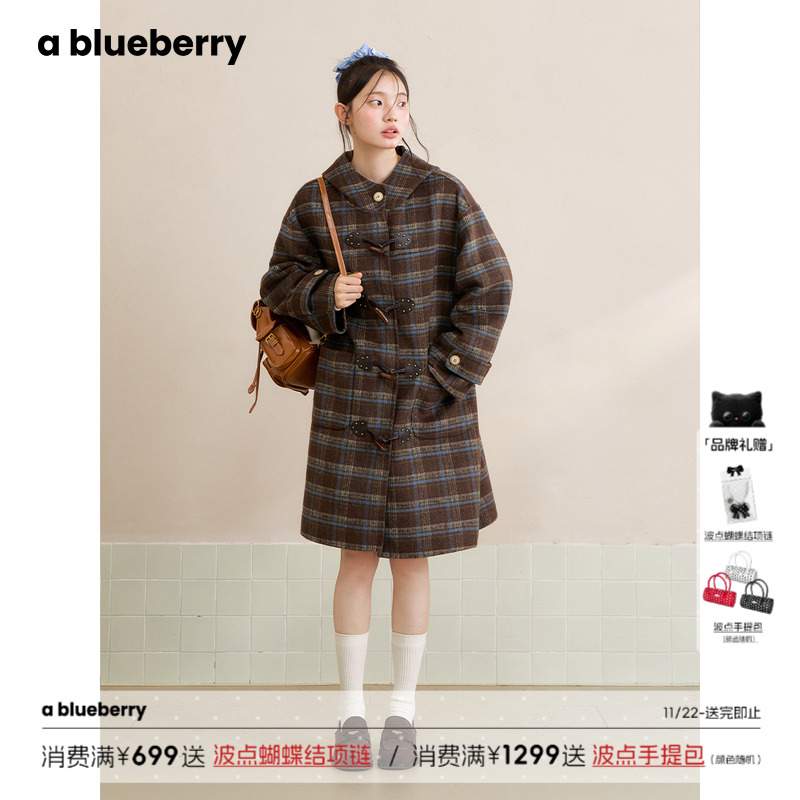 ablueberry复古格纹牛角扣大衣女