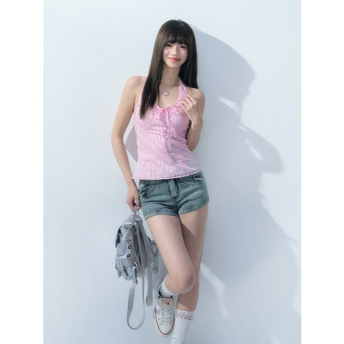 修身甜酷条纹挂脖上衣女夏