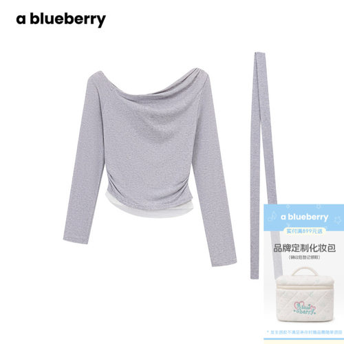 A blueberry飘带斜肩上衣女薄款韩系温柔纯欲风收腰显瘦长袖T恤