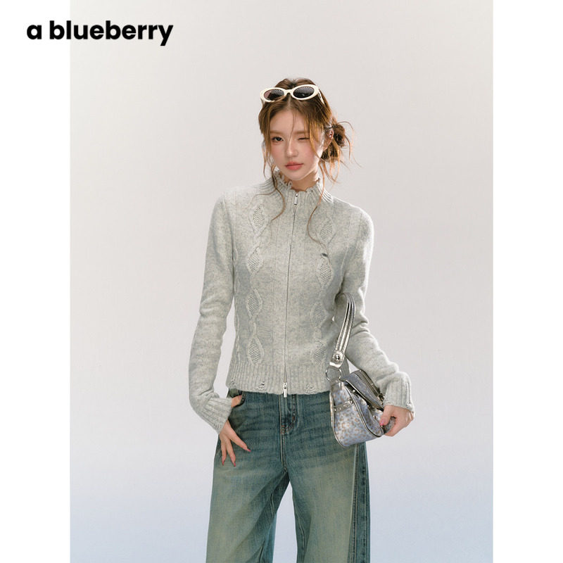 ablueberry 绵羊毛麻花毛衣外套女秋冬修身韩系气质短款针织毛衫