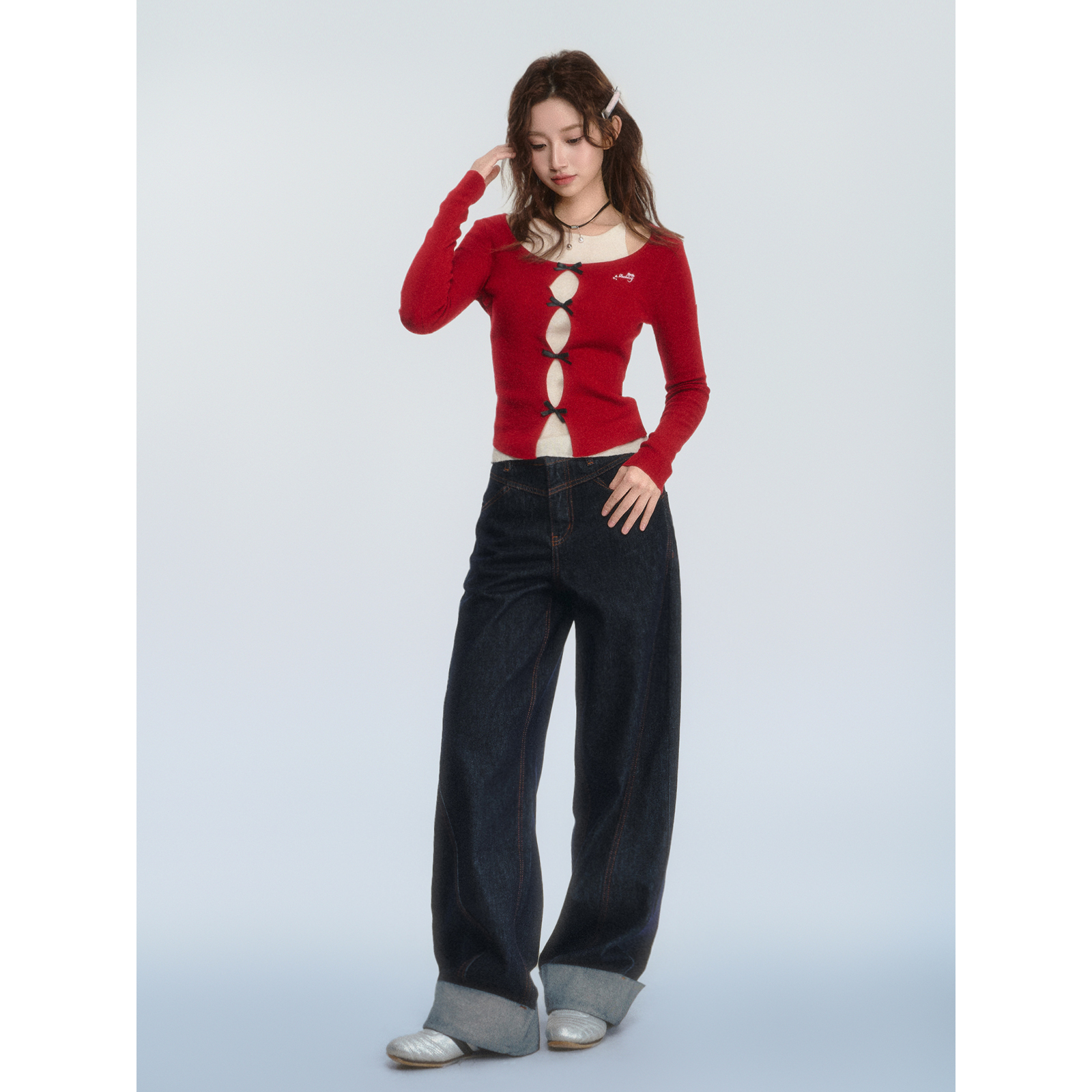 周子瑜同款ablueberry显瘦直筒韩版辣妹牛仔裤女翻边显腿长阔腿裤