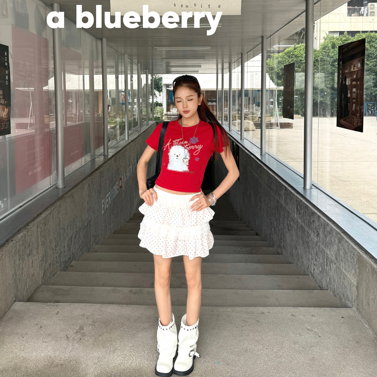 ablueberry×潦草小狗联名 修身短袖T恤女夏甜酷辣妹印花短款上衣 身甜实拍商品图