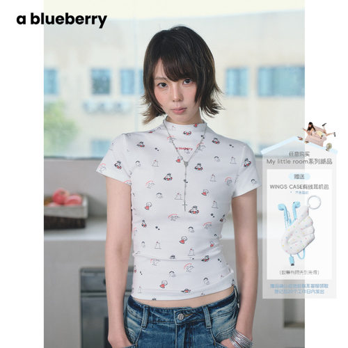 明星同款ablueberry×潦草小狗Moonge 修身显瘦白色t恤女夏