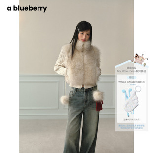 田曦薇同款 ablueberry 立领拼接毛毛外套女短款修身辣妹环保皮草