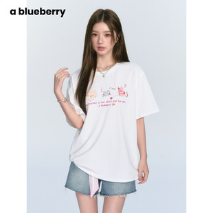 ablueberry 上衣 猫咪印花T恤女夏新款 宽松甜美设计感拼接蕾丝短袖