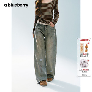 直筒裤 高街美式 女设计感水洗印花脏脏裤 ablueberry做旧复古牛仔裤