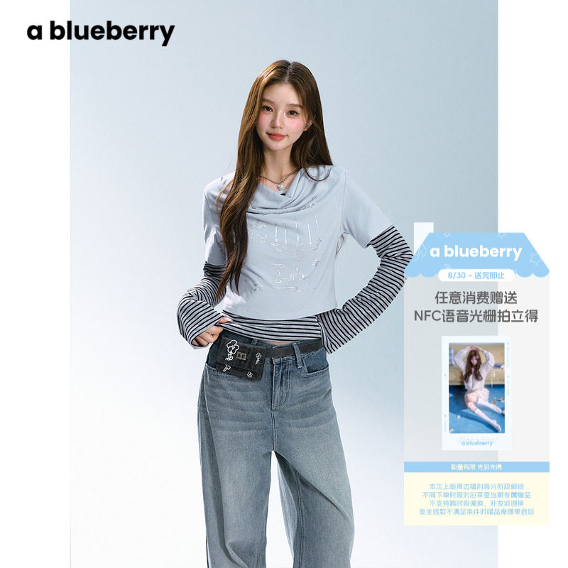 ablueberry条纹假两件长袖T恤女图片