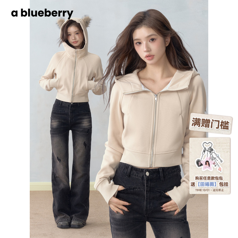 ablueberry & lazy 辣妹修身连帽猫耳外套女拉链短款设计感上衣
