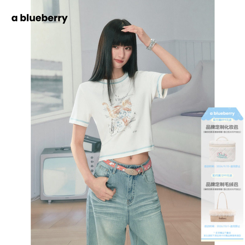 ablueberry 撞色猫咪涂鸦短袖t恤女夏新款短款宽松韩系甜美上衣