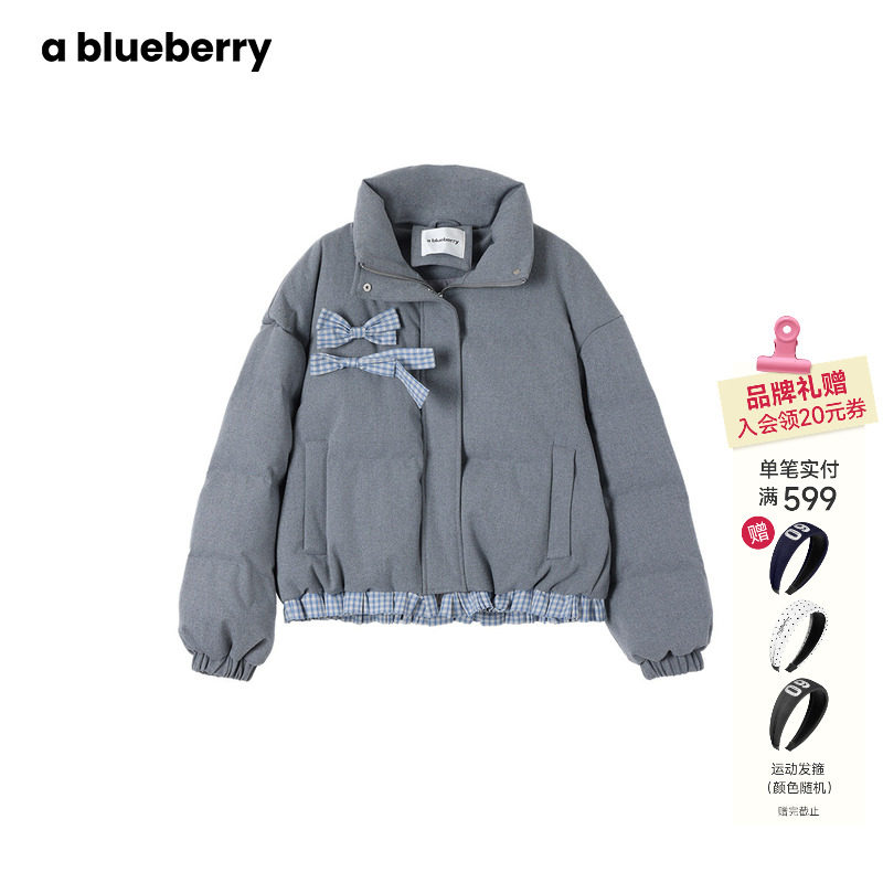 ablueberry 拼接格子短款羽绒服女立领韩系甜美面包服蝴蝶结外套,女装/女士精品,羽绒服,淘宝优惠券,粉丝福利购,淘宝优惠卷