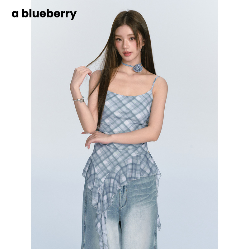 ablueberry格纹荷叶边甜辣吊带女