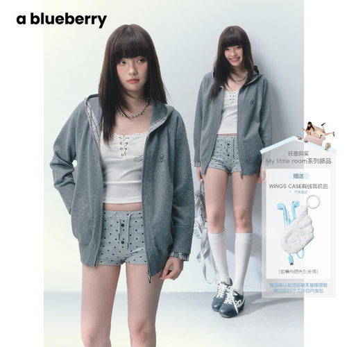 ablueberry灰色拼接格纹针织开衫