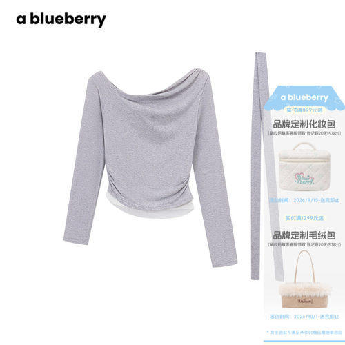 A blueberry飘带斜肩上衣女薄款韩系温柔纯欲风收腰显瘦长袖T恤
