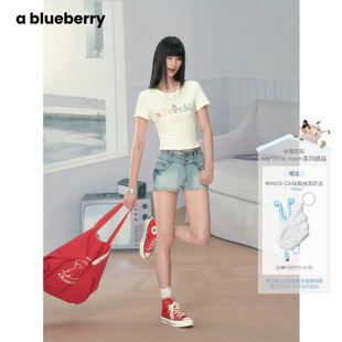 ablueberry 黄色字母童趣短袖t恤女2026夏新款系带收腰短款上衣