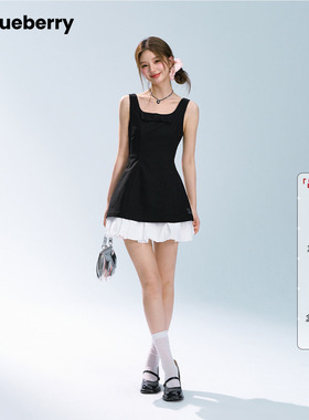 张柏嘉同款ablueberry黑色方领连衣裙女蝴蝶结花苞裙赫本风背心裙