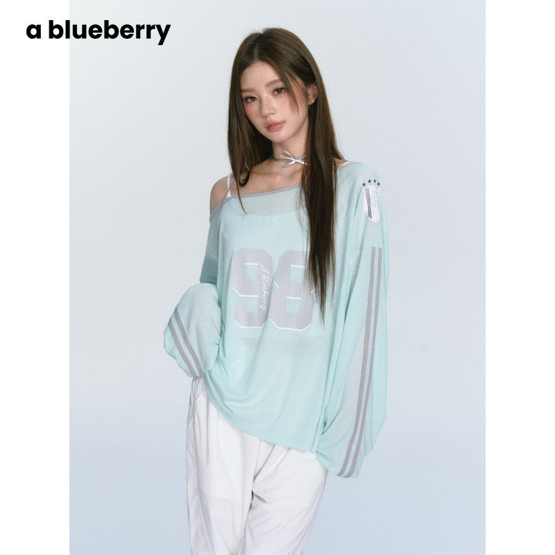 ablueberry露肩印花长袖T恤罩衫