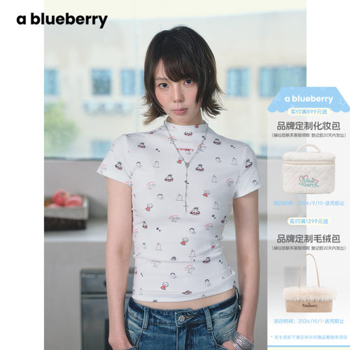 明星同款ablueberry×潦草小狗Moonge 修身显瘦白色t恤女夏