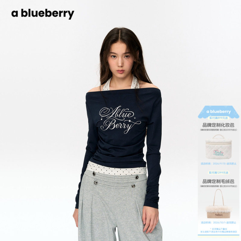ablueberry假两件挂脖女2026秋冬清新感柔软感一字肩长袖波点上衣