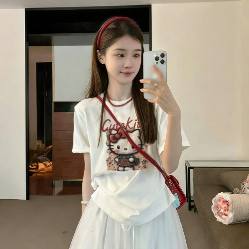 夏季新款白色纯棉短袖t恤女生甜美cute kitty卡通印花设计感上衣