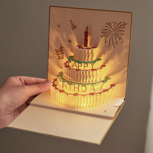 可自行录音生日贺卡3d立体蛋糕ins风小众高级感立体生日礼物创意可以录音的音乐发光信封祝福贺卡