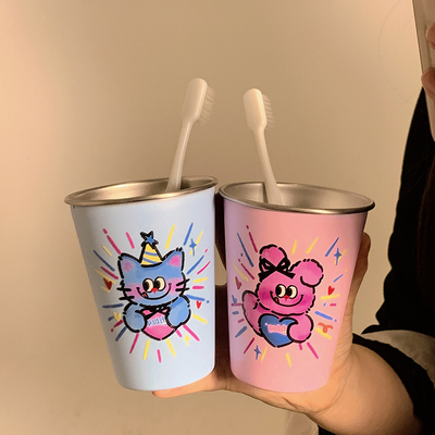 卡通奇幻小兔小猫家用漱口杯情侣牙刷杯旅行洗漱杯学生不锈钢牙杯
