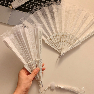 蕾丝古风汉服随身中国扇子舞蹈流苏折叠女生风折扇便携夏季法式小