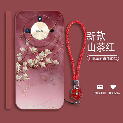 适用荣耀x50手机保护壳x50i+鎏金水墨玉兰花新款女x40高级感X40GT小清新时尚液态矽胶全包软壳高级感防摔保护