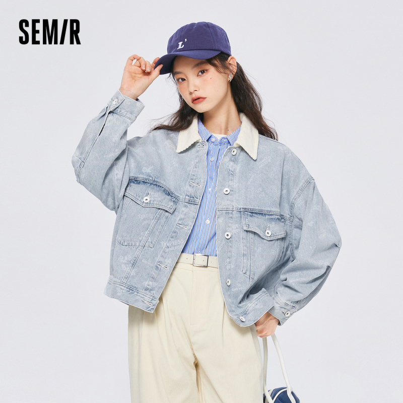 森马牛仔外套女撞色翻领印花夹克小众休闲秋潮流个性宽松衣服炸街