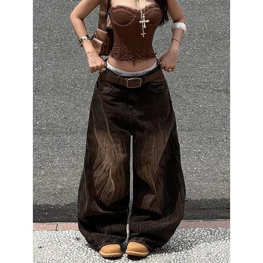 美式大码覆古水洗闪电纹牛仔裤男女街头宽松百搭阔腿解构弯刀长裤