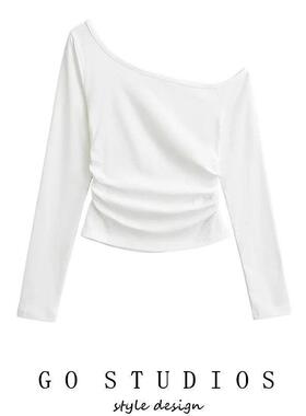 爵士街舞设计感斜肩上衣修身弹力露肩T恤内搭女秋季长袖内搭衣