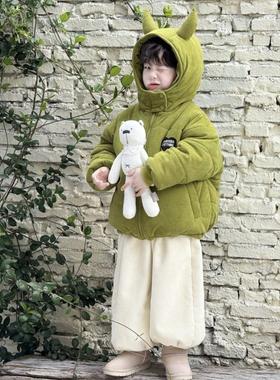 儿童棉服冬装2025新款恶魔韩版加绒棉衣男宝宝加厚连帽棉袄外套潮
