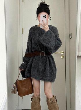 慵懒老钱风灰色软糯中长款毛衣女秋冬季高级感加厚宽松针织衫上衣