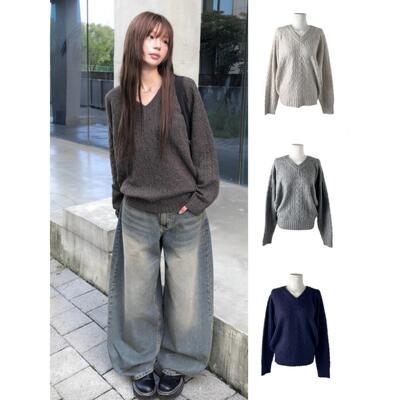Unique SEI 韩系百搭学院风秋冬麻花纹V领宽松套头长袖针织衫毛衣