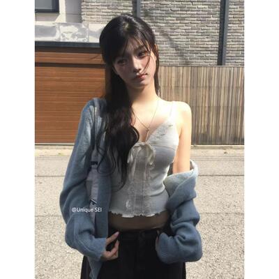Unique SEI韩系古早蕾丝吊带简约秋季显瘦百搭针织开衫上衣两件套