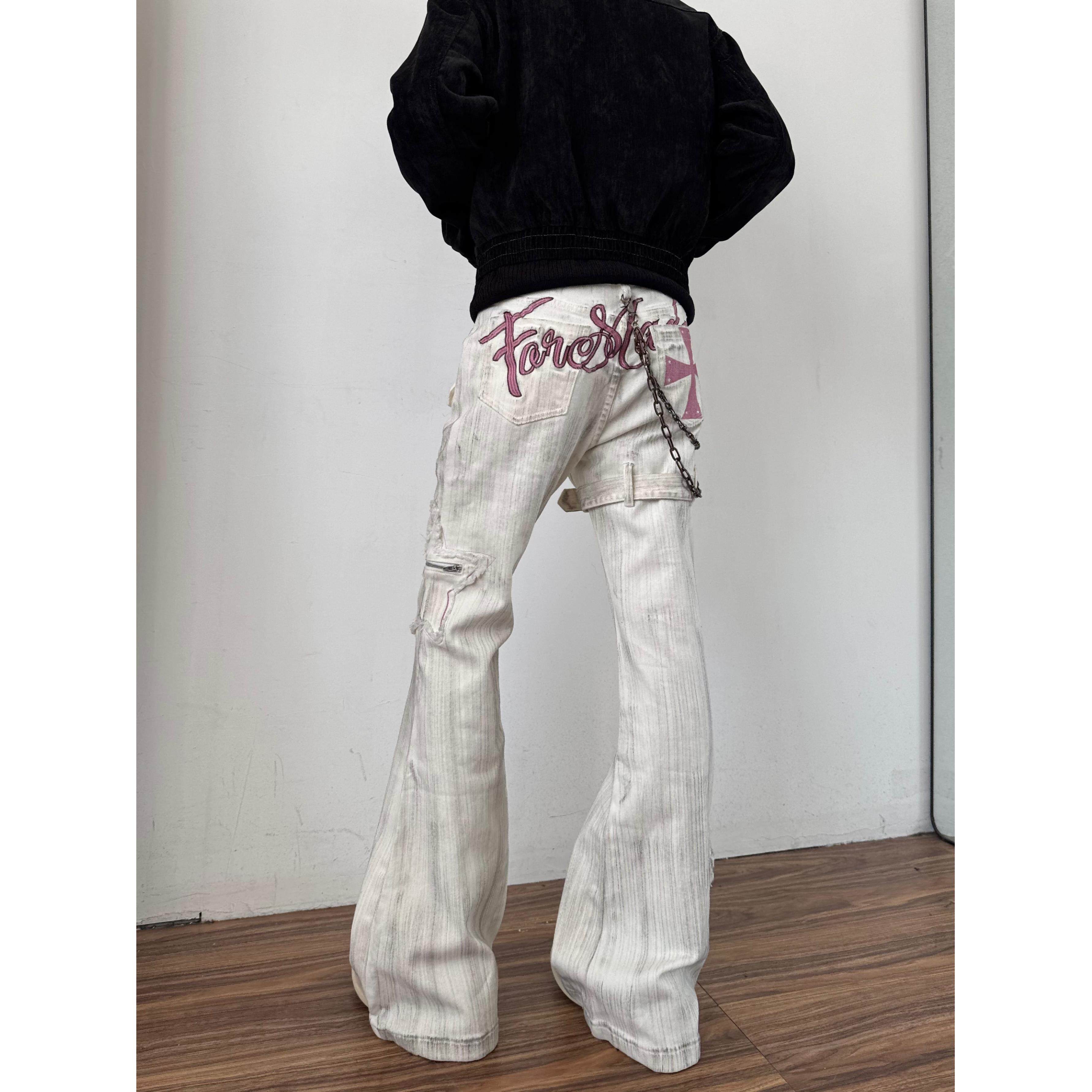 美式高街刺绣绑带微喇牛仔裤男设计感小众直筒喇叭工装裤子女秋冬