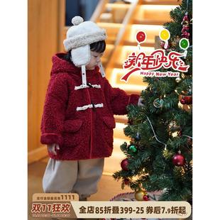 砚台家童装男童韩版红色外套厚冬装毛毛衫上衣幼童儿童牛角扣大衣