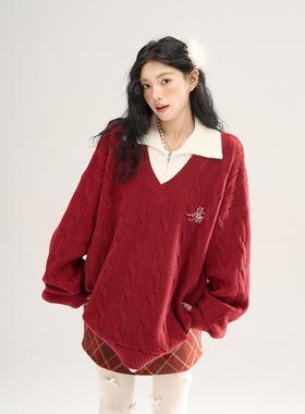 AONW新年红色毛衣女翻领拼接假两件学院风秋冬宽松本命年穿搭上衣