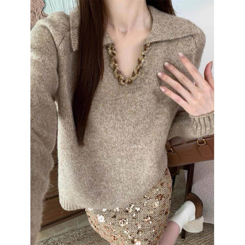 大码胖mm秋冬穿搭一整套装女法式V领针织毛衣女高腰亮片包臀短裙