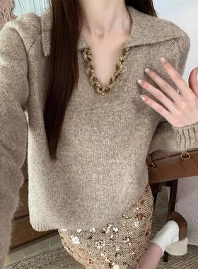 大码胖mm秋冬穿搭一整套装女法式V领针织毛衣女高腰亮片包臀短裙