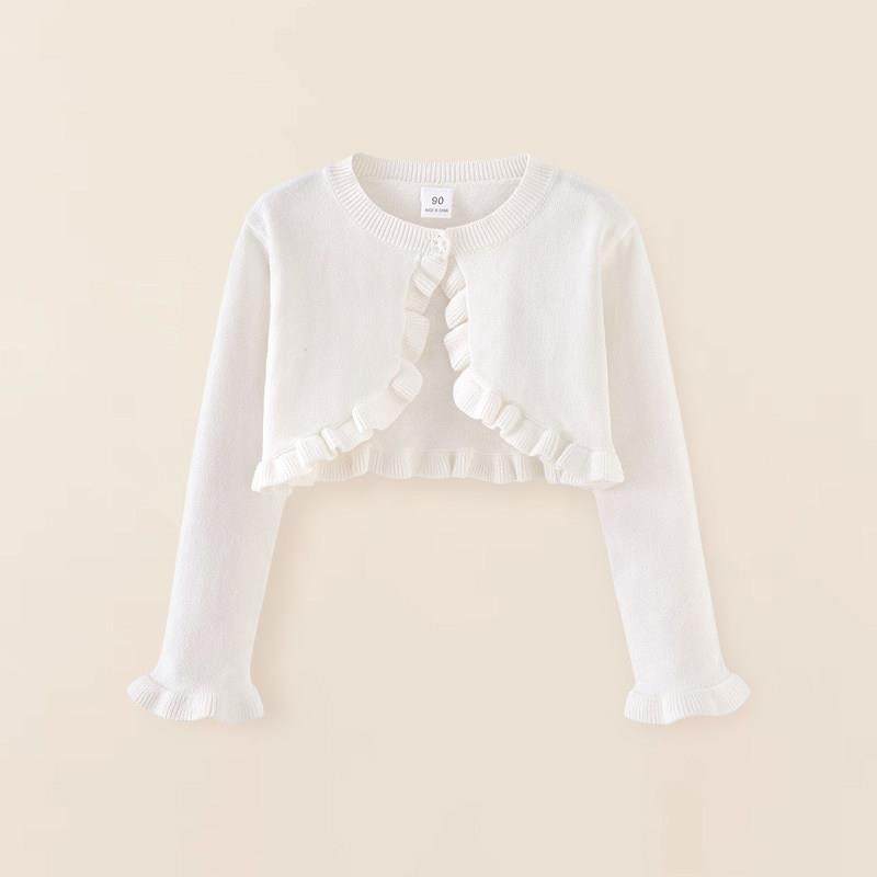 女童外搭开衫春秋宝宝婴儿白色花边纯棉短款薄毛衣针织小披肩外套