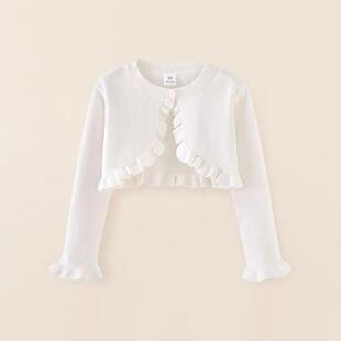 女童外搭开衫春秋宝宝婴儿白色花边纯棉短款薄毛衣针织小披肩外套