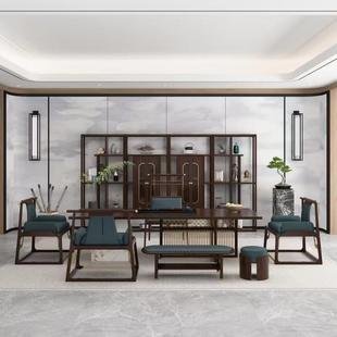 新中式 一体 实木茶桌椅组合办公室现代轻奢风乌金木禅意博古架套装