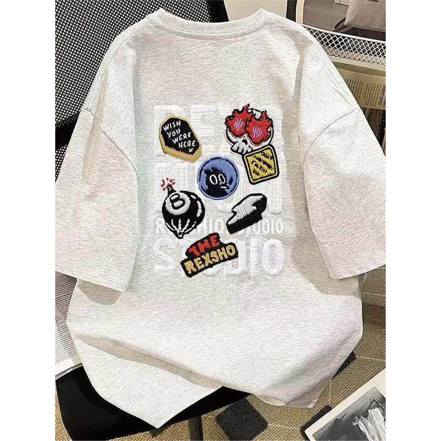 美式复古卡通印花短袖T恤男女通用套头透气宽松圆领纯棉上衣夏季