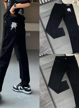 美式复古cleanfit黑色弯刀微喇牛仔裤男秋冬百搭做旧显瘦直筒裤子