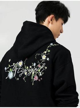 美式复古花卉刺绣套头连帽卫衣长袖男女通用黑色潮牌高街外套开衫