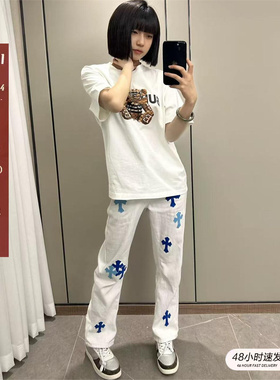欧美潮牌十字架贴皮白色牛仔裤男女同款宽松舒适百搭时尚直筒长裤